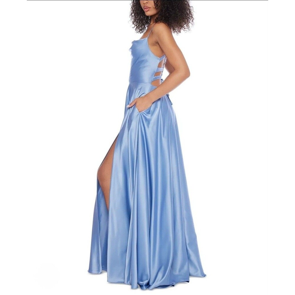 B. Darlin Floor Length Gown Womens 3 Blue Satin Cowlneck Lace-up Back Flattering - Picture 2 of 15